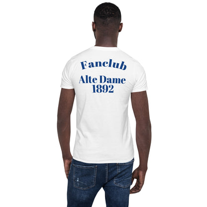 Weißes unisex T-Shirt von Sportswear Iron Monkey 23 mit Fanclub Alte Dame 1892 Logo, weiche Baumwollqualität, Rückenansicht