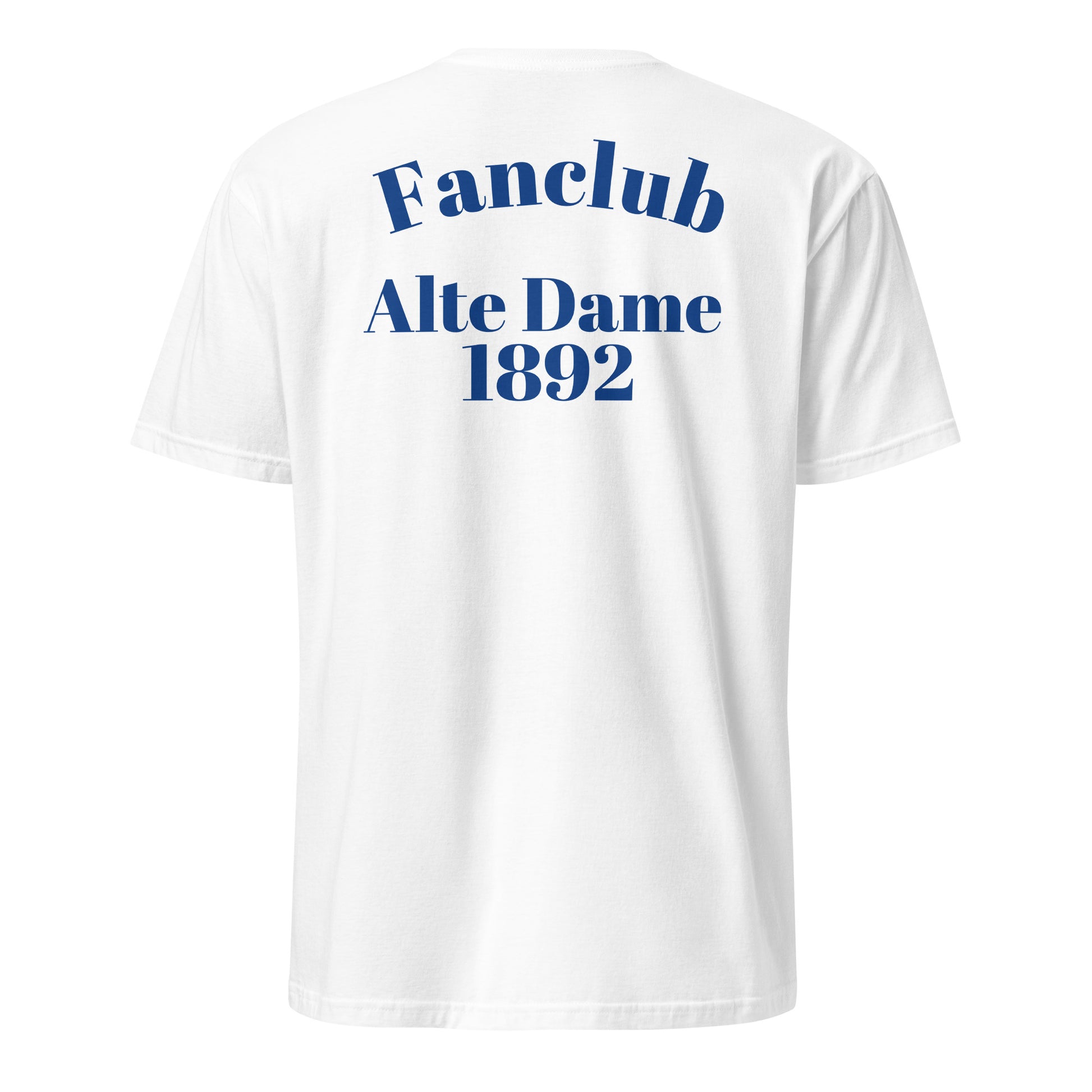 Weißes unisex T-Shirt von Sportswear Iron Monkey, mit "Fanclub Alte Dame 1892" Design, weiche Baumwollqualität, Rückenansicht.