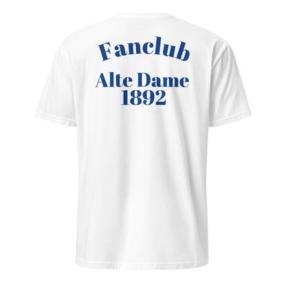 Weißes unisex T-Shirt von Sportswear Iron Monkey, mit "Fanclub Alte Dame 1892" Design, weiche Baumwollqualität, Rückenansicht.