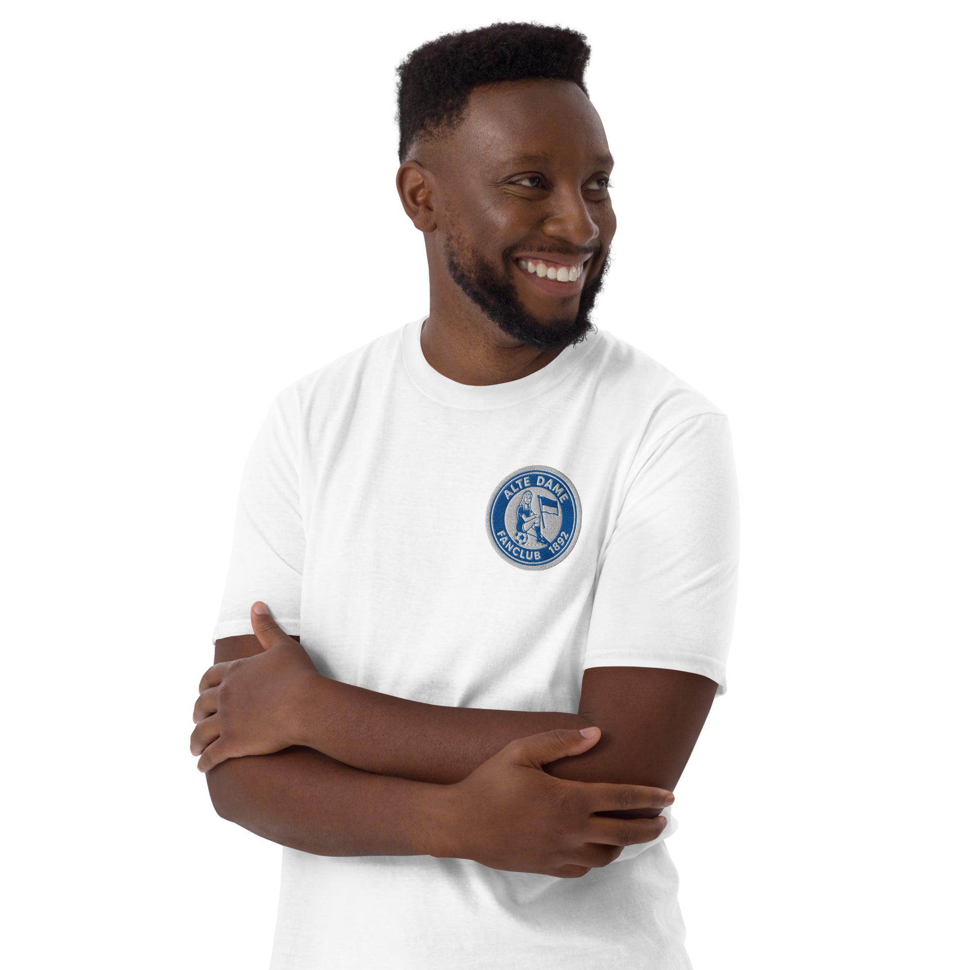 Weißes unisex T-Shirt von Sportswear Iron Monkey 23 mit Fanclub Alte Dame 1892 Aufdruck, weiches Baumwollmaterial, Frontansicht