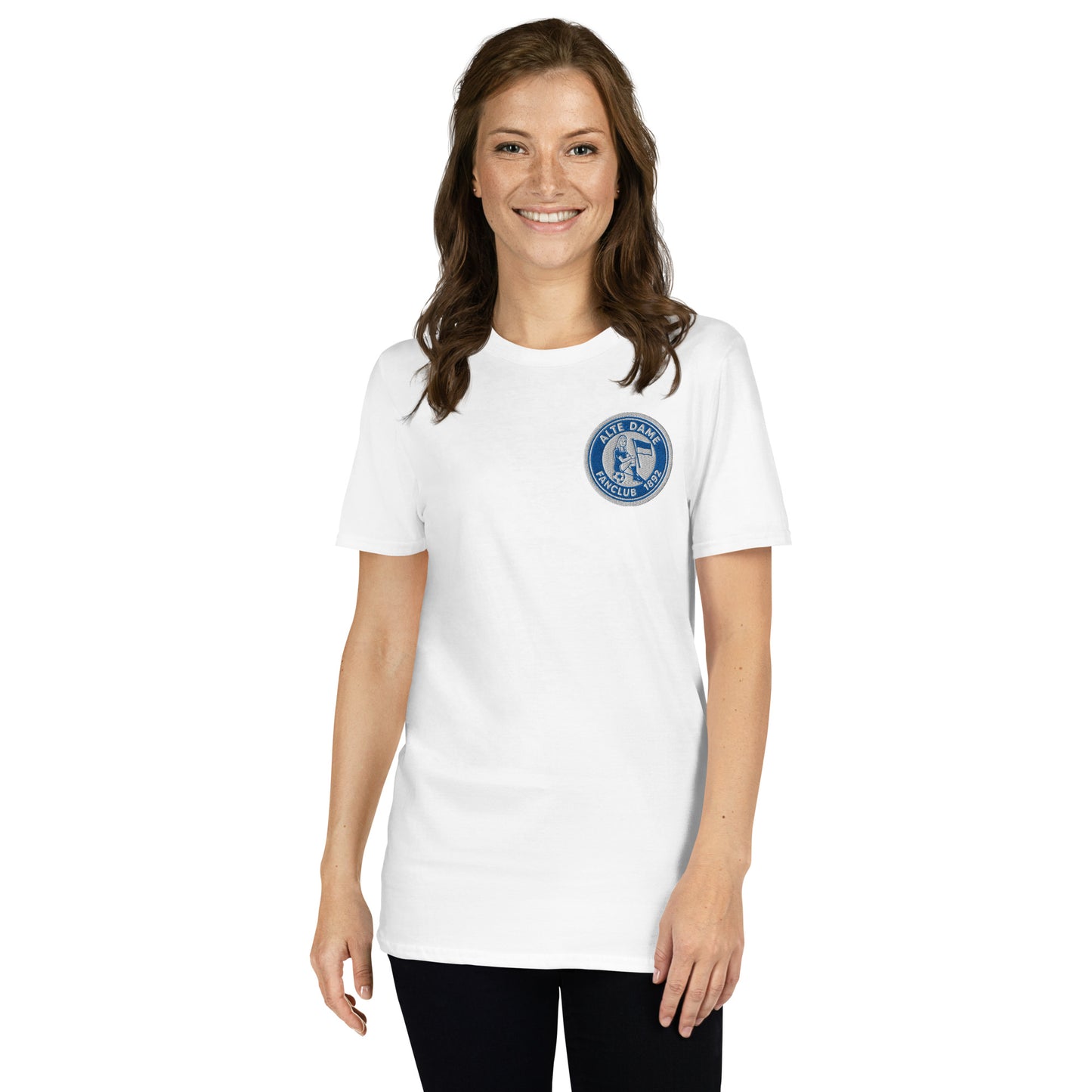 Weißes, kurzärmeliges Unisex-T-Shirt von Sportswear Iron Monkey 23 mit Fanclub Alte Dame 1892 Aufdruck, frontale Ansicht