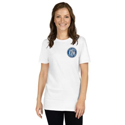 Weißes, kurzärmeliges Unisex-T-Shirt von Sportswear Iron Monkey 23 mit Fanclub Alte Dame 1892 Aufdruck, frontale Ansicht