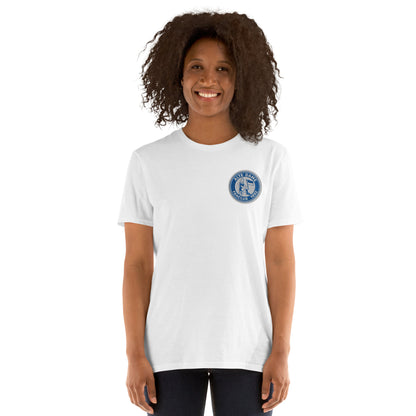 Weißes unisex T-Shirt von Sportswear Iron Monkey 23 mit Fanclub Alte Dame 1892 Aufdruck, bequemes Basic-Design, Frontansicht.