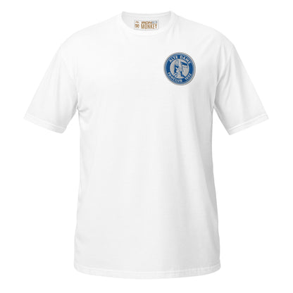 Weißes unisex T-Shirt von Sportswear Iron Monkey mit Fanclub Alte Dame 1892 Logo vorne, weiche Baumwollqualität, Frontansicht.