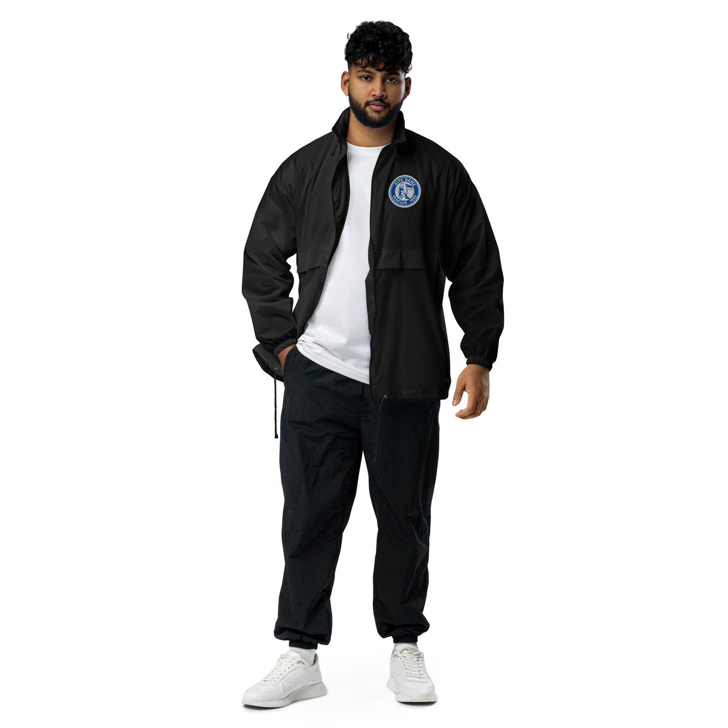 Unisex-Windbreaker von Sportswear Iron Monkey 23 in Schwarz mit Fanclub Alte Dame 1892 Logo, vorne sichtbar.