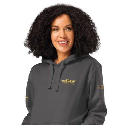 Unisex Bio-Hoodie von Sportswear Iron Monkey 23, nachhaltiger Midweight Hoodie in Anthrazit, mit Druckmotiv auf der Vorderseite