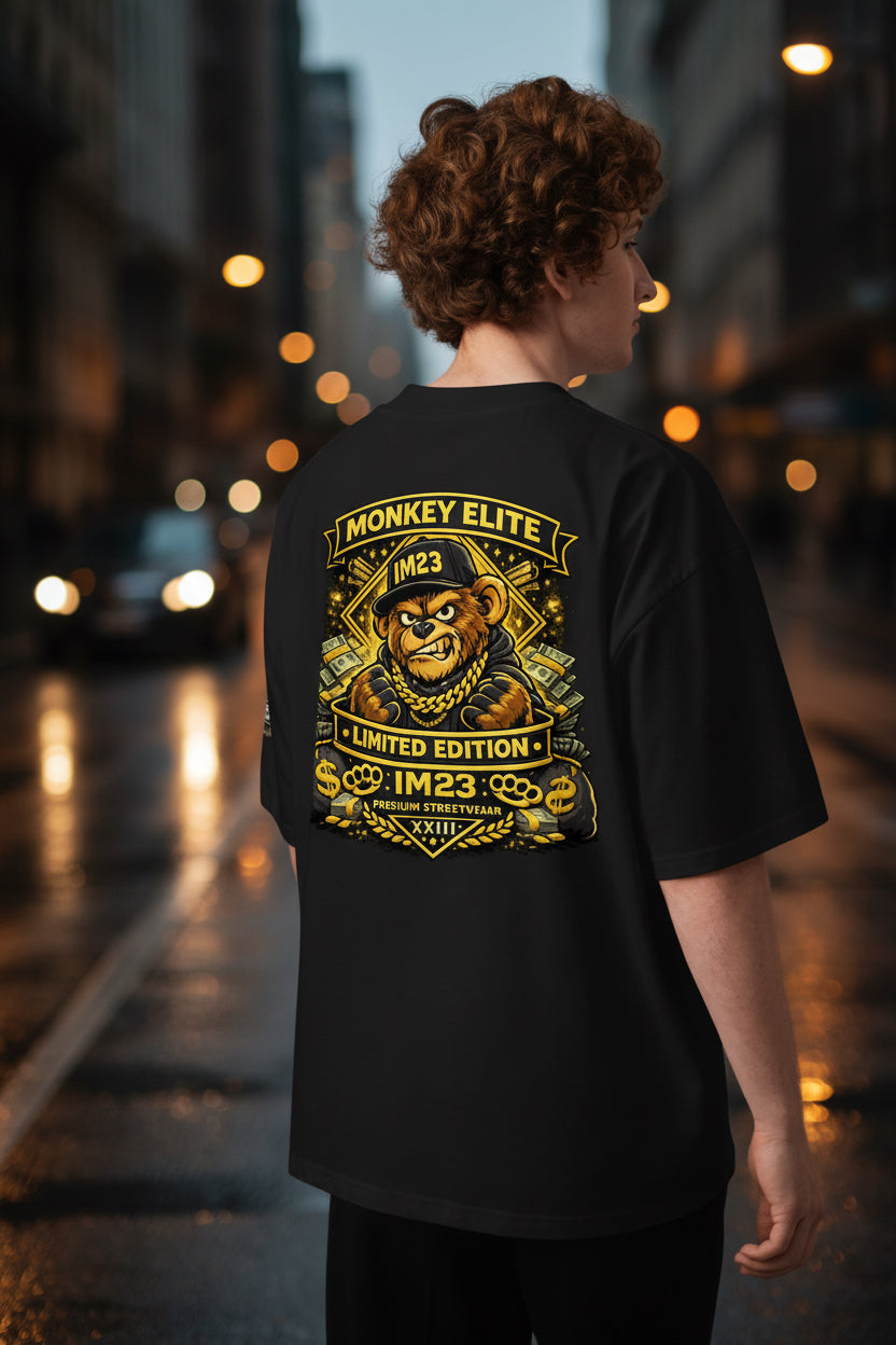 Unisex Bio-T-Shirt von Sportswear Iron Monkey 23, oversized, schwarzes Shirt mit breitem Kragen, nachhaltige Baumwolle, Rückenansicht