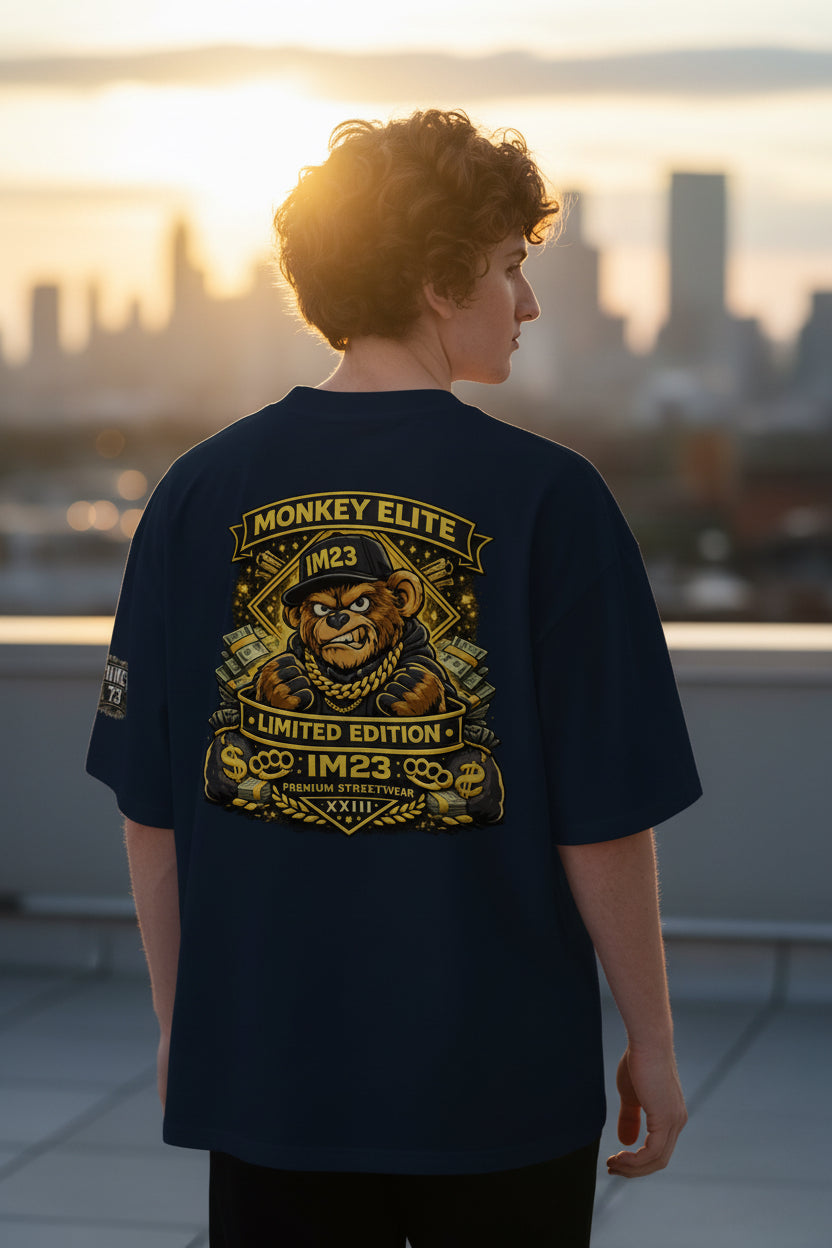 Unisex Oversized Bio-T-Shirt von Sportswear Iron Monkey 23 mit breitem Kragen, nachhaltiger Baumwolle, französisches Navy, Rückenansicht