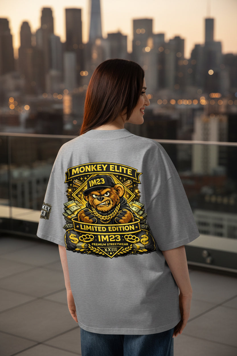 Unisex Bio-T-Shirt von Sportswear Iron Monkey 23, oversized, mit breitem Kragen in Heather-Grau, aus nachhaltiger Baumwolle.