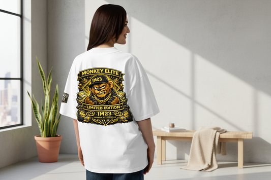 Unisex Bio-Oversized T-Shirt von Sportswear Iron Monkey 23 mit weitem Kragen, aus nachhaltiger Baumwolle, weiß, Rückenansicht