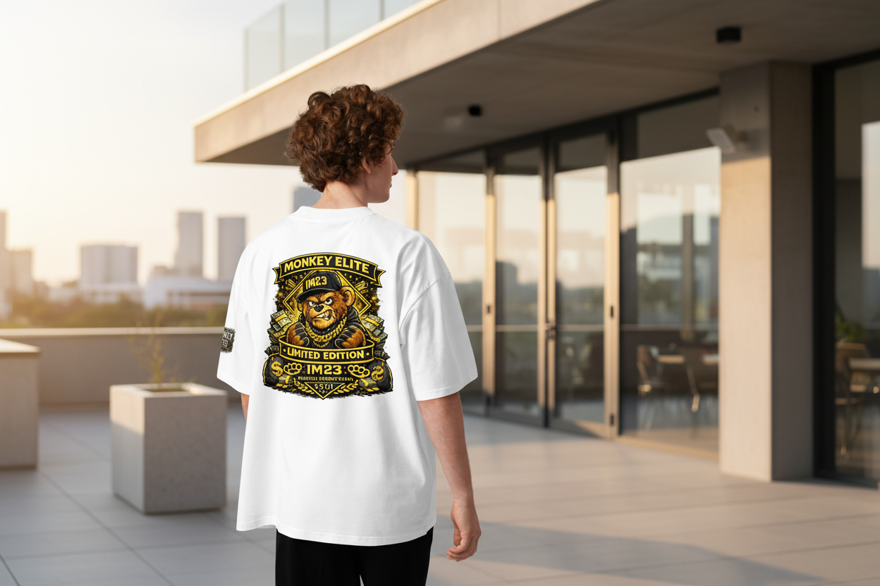 Unisex Bio-T-Shirt von Sportswear Iron Monkey 23, oversize, weiß, mit breitem Kragen aus nachhaltiger Baumwolle, Rückenansicht.