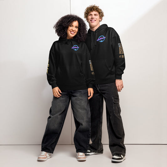 Lockerner unisex Bio-Hoodie von Sportswear Iron Monkey 23, schwarzer Oversized-Style, nachhaltiges Bio-Material, entspannter Look.