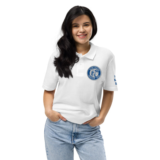 Unisex Piqué-Poloshirt von Sportswear Iron Monkey 23 in Weiß mit Fanclub Alte Dame 1892 Logo, vorne sichtbar.