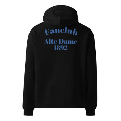 Schwarzer Unisex-Sweatshirt mit großem Fanclub Alte Dame 1892 Logo auf Rücken, Sportswear Iron Monkey 23, lockere Passform