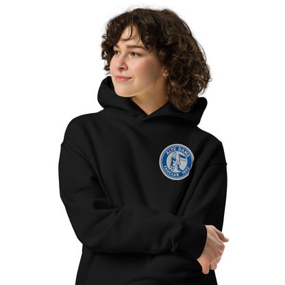 Schwarzer unisex Hoodie von Sportswear Iron Monkey 23 mit Fanclub Alte Dame 1892 Aufdruck, entspanntes Design, Frontansicht