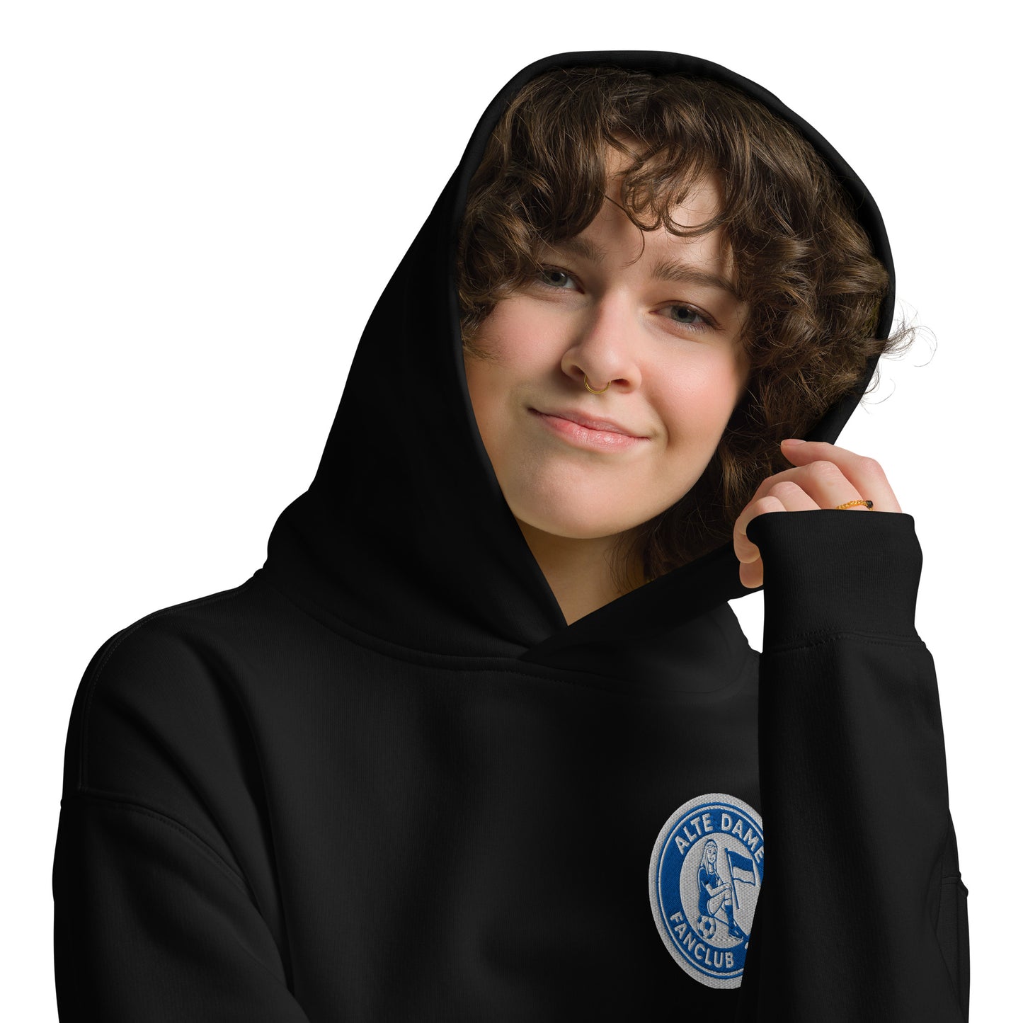 Schwarze Unisex-Hoodie von Sportswear Iron Monkey 23 mit Fanclub Alte Dame 1892 Logo vorne, entspannte Passform.