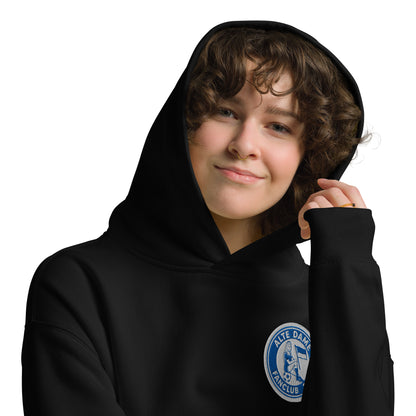 Schwarze Unisex-Hoodie von Sportswear Iron Monkey 23 mit Fanclub Alte Dame 1892 Logo vorne, entspannte Passform.