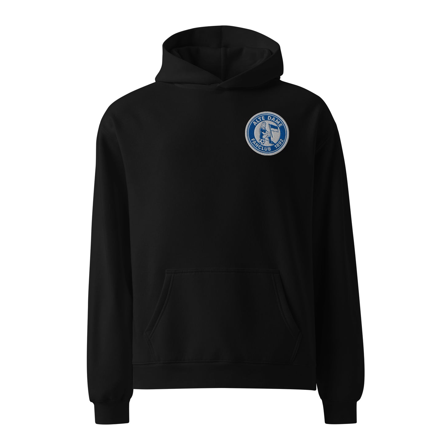 Schwarzer Unisex-Hoodie von Sportswear Iron Monkey 23 mit Fanclub Alte Dame 1892 Logo vorne, lässiger Freizeitstil