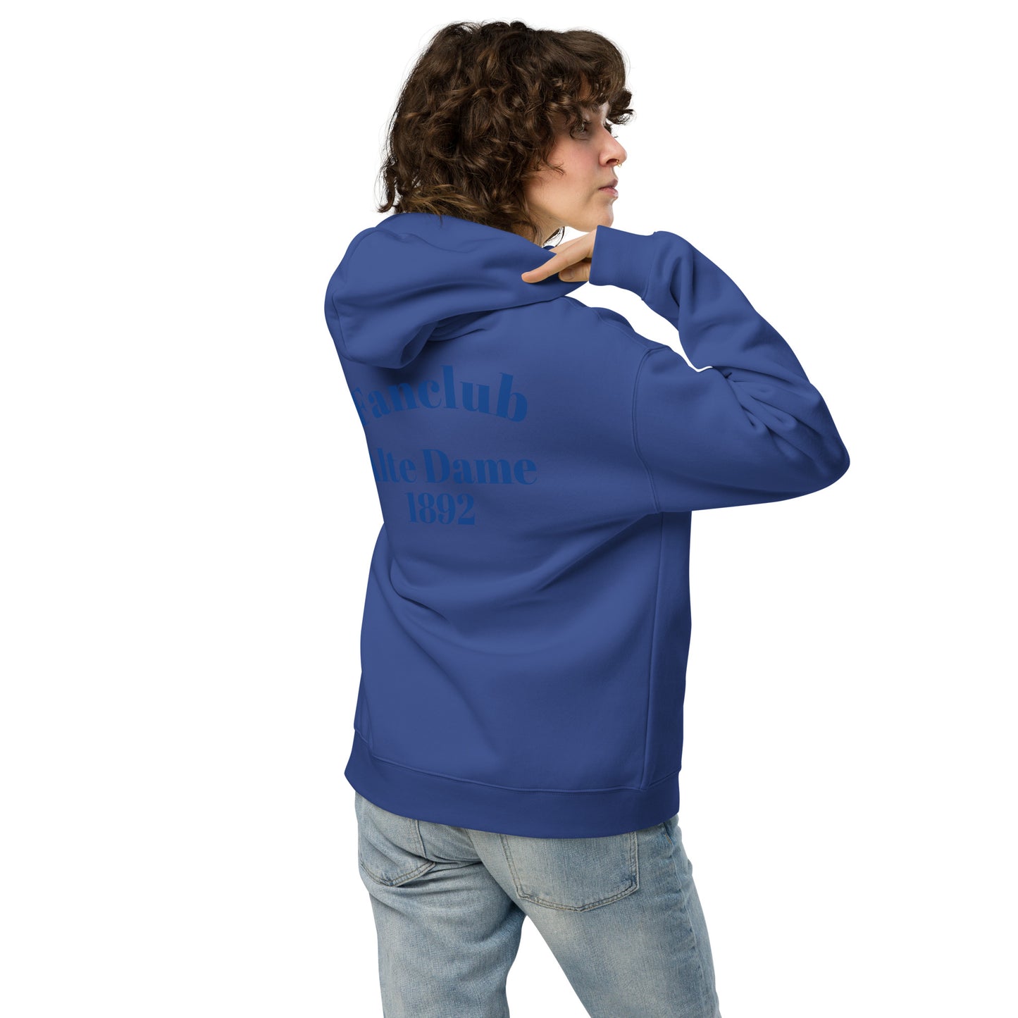 Unisex-Relax-Hoodie von Sportswear Iron Monkey 23 in Kobaltblau mit Fanclub Alte Dame 1892 Druck auf Rücken.
