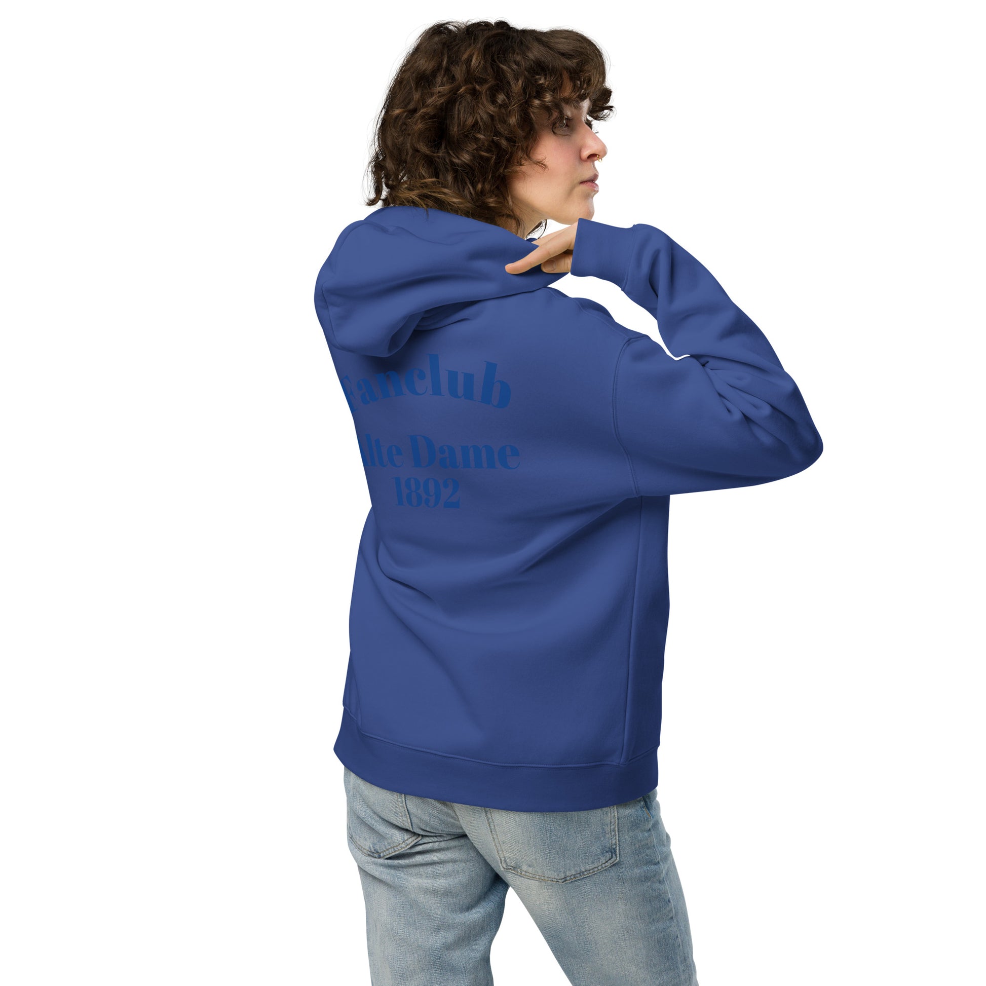 Unisex-Relax-Hoodie von Sportswear Iron Monkey 23 in Kobaltblau mit Fanclub Alte Dame 1892 Druck auf Rücken.