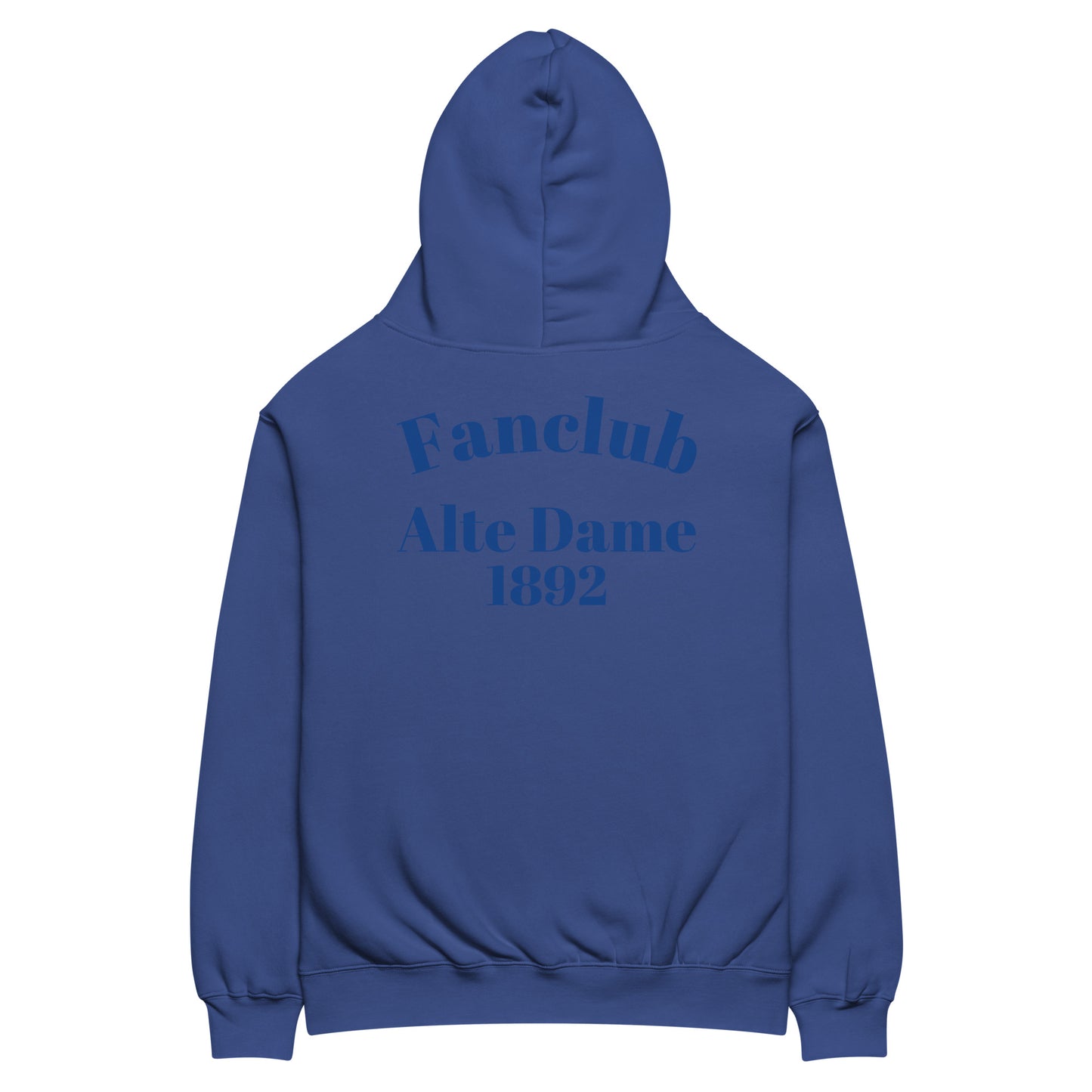 Unisex Oversized Hoodie von Sportswear Iron Monkey 23 mit Fanclub Alte Dame 1892 Design, in Kobaltblau, Rückenansicht