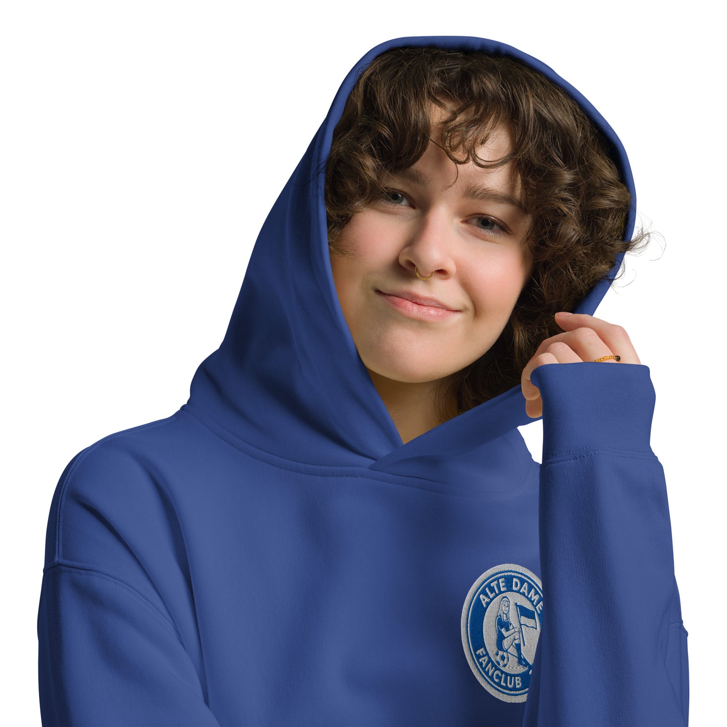 Unisex Oversized Hoodie von Sportswear Iron Monkey 23 mit Fanclub Alte Dame 1892 Design, in Kobaltblau, vorne sichtbar.