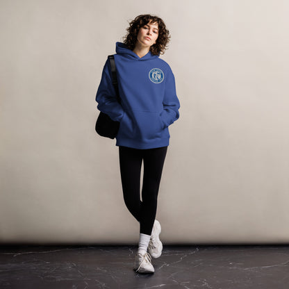 Unisex-Relax-Hoodie in Kobaltblau mit Fanclub Alte Dame 1892 Logo von Sportswear Iron Monkey 23, Frontansicht