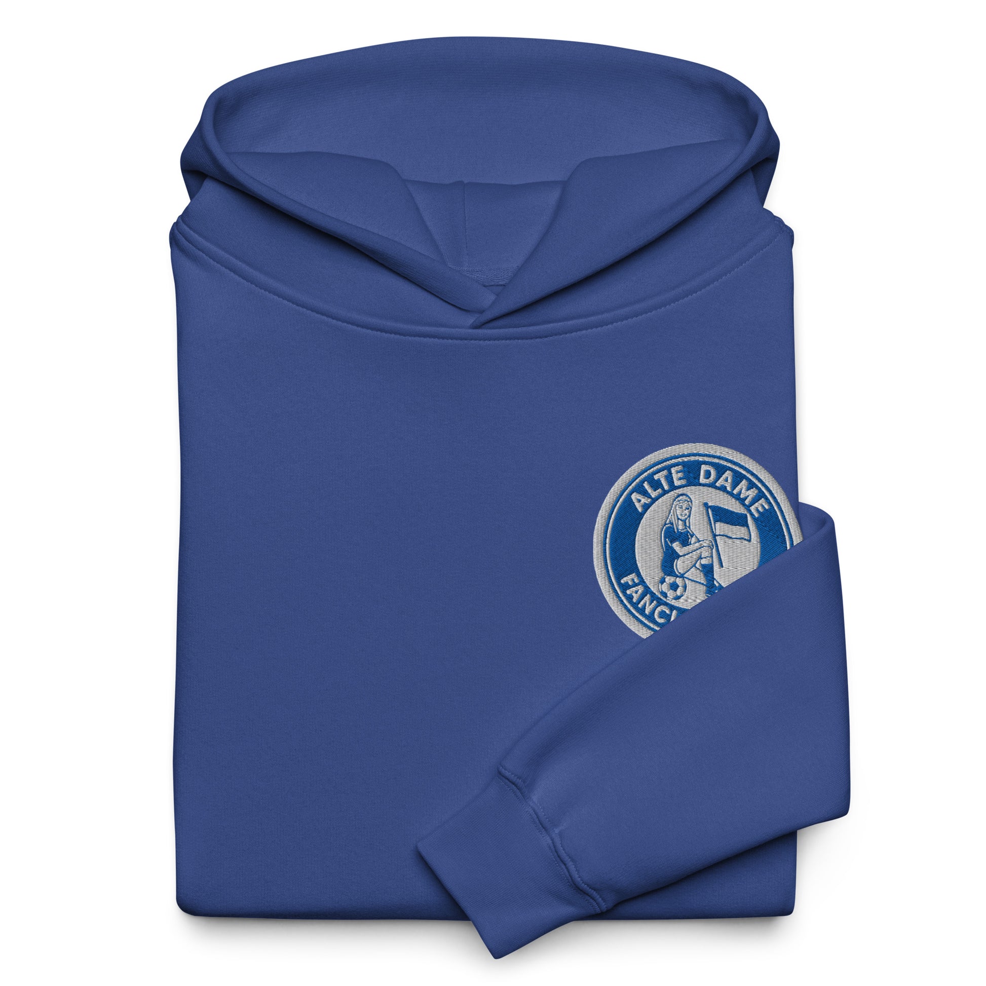 Unisex-Relax-Hoodie in Kobaltblau mit Fanclub Alte Dame 1892 Druck, Sportswear Iron Monkey 23, vorne sichtbar.