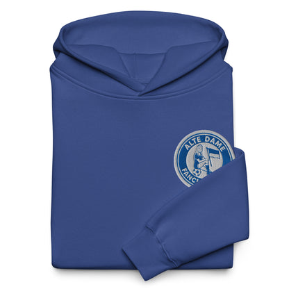 Unisex-Relax-Hoodie in Kobaltblau mit Fanclub Alte Dame 1892 Druck, Sportswear Iron Monkey 23, vorne sichtbar.