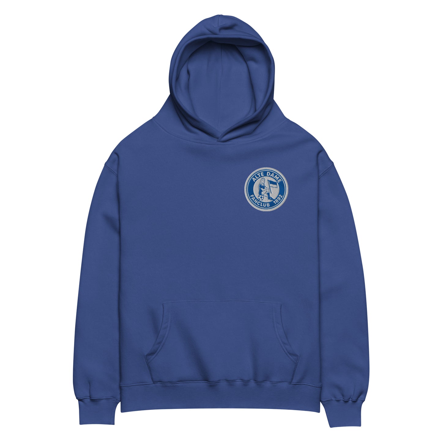 Unisex Oversized-Hoodie von Sportswear Iron Monkey 23 mit Fanclub Alte Dame 1892 in Kobaltblau, Vorderansicht.