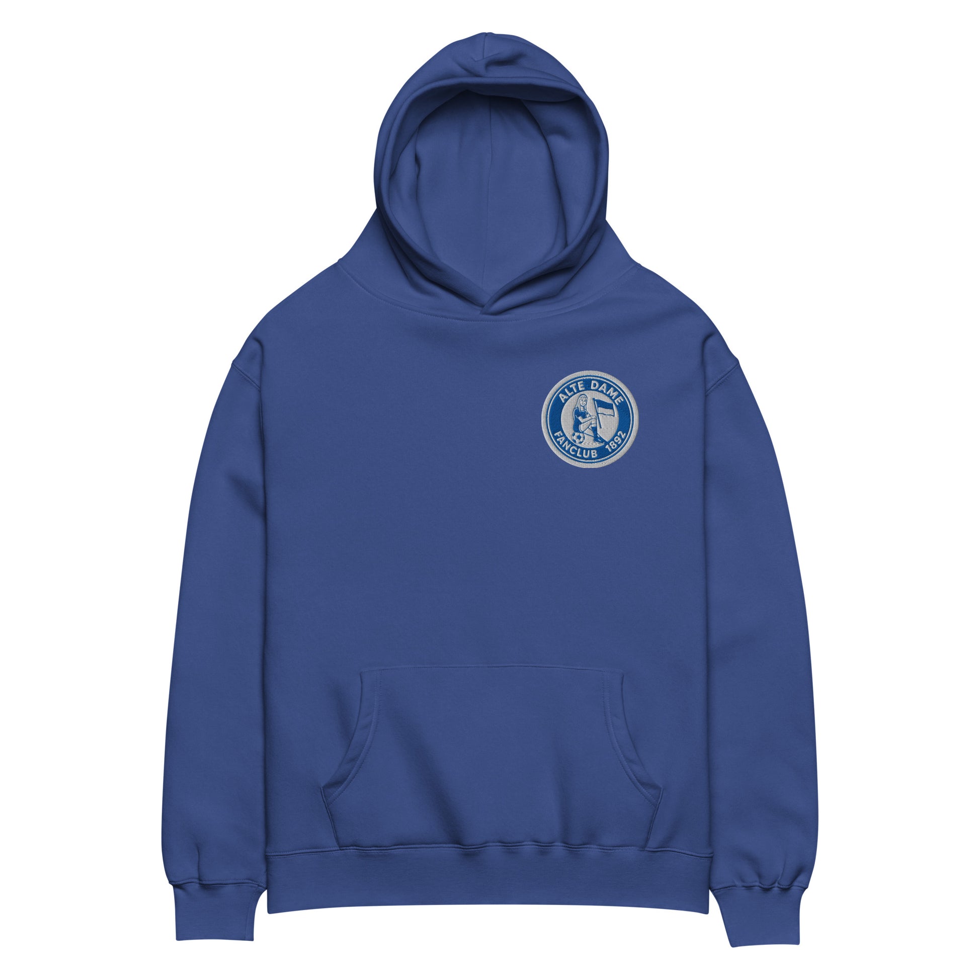 Unisex Oversized-Hoodie von Sportswear Iron Monkey 23 mit Fanclub Alte Dame 1892 in Kobaltblau, Vorderansicht.