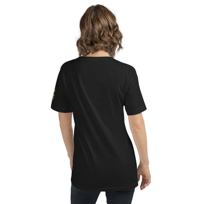 Unisex V-Ausschnitt T-Shirt von Sportswear Iron Monkey 23 in Schwarz, aus 100% gekämmter Baumwolle, Rückenansicht.