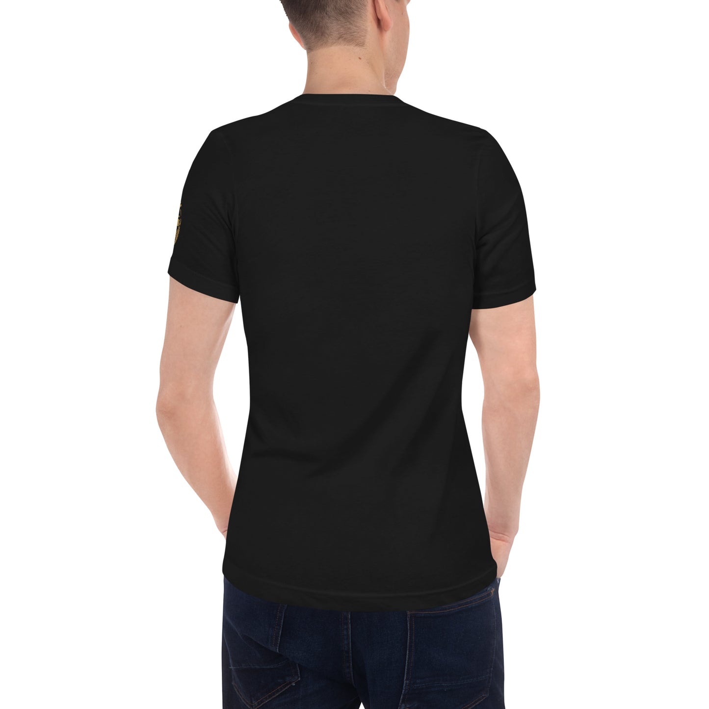 Unisex V-Ausschnitt T-Shirt von Sportswear Iron Monkey 23 in Schwarz aus 100% gekämmter Baumwolle, Rückansicht.