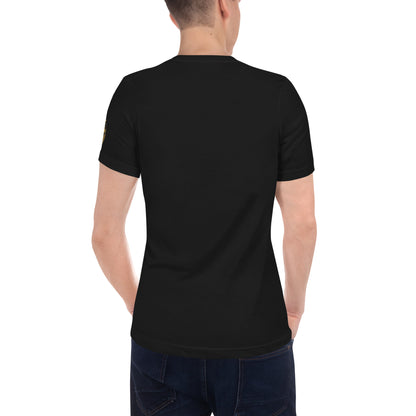 Unisex V-Ausschnitt T-Shirt von Sportswear Iron Monkey 23 in Schwarz aus 100% gekämmter Baumwolle, Rückansicht.