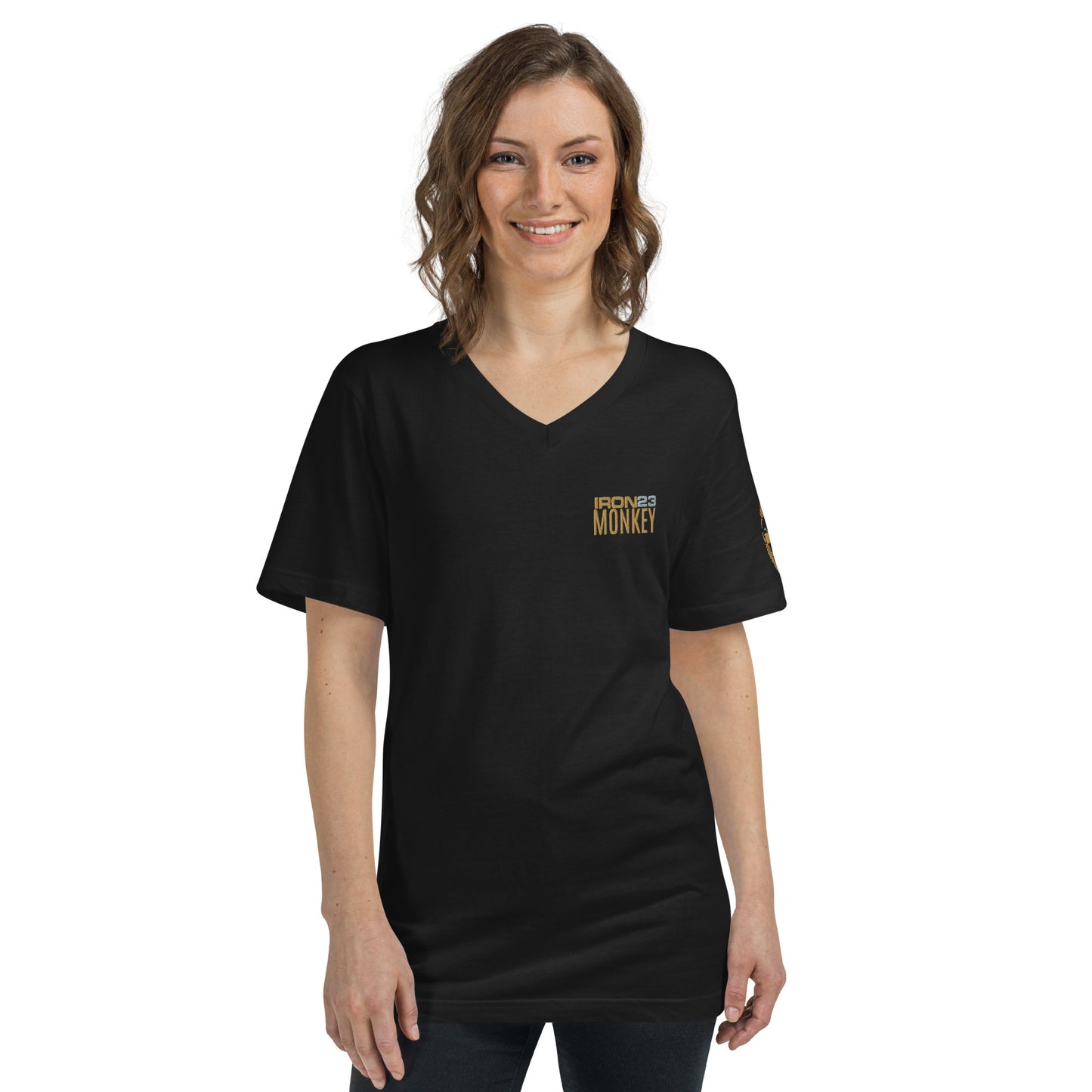 Unisex V-Ausschnitt T-Shirt von Sportswear Iron Monkey 23 in Schwarz aus 100% gekämmter Baumwolle, vorne sichtbar.