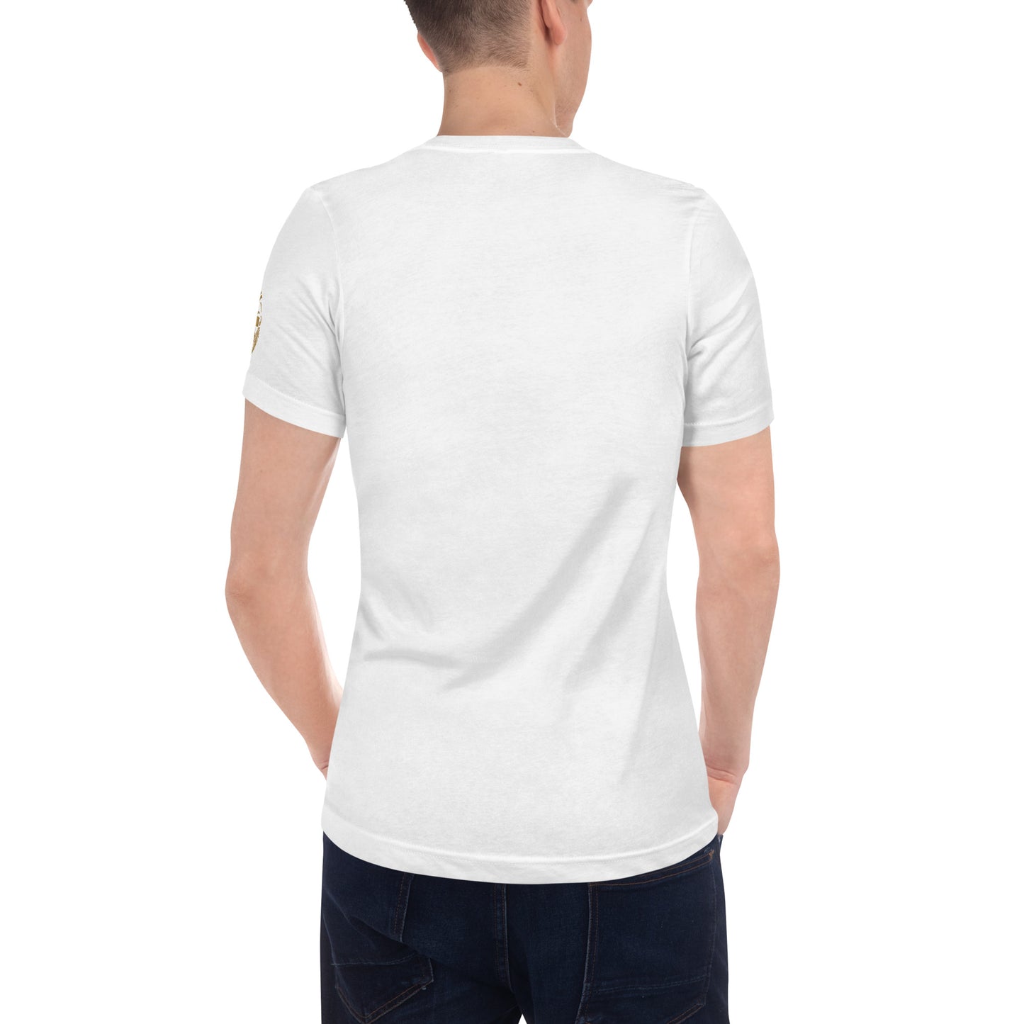 Unisex V-Ausschnitt T-Shirt von Sportswear Iron Monkey 23 in Weiß, aus 100 % gekämmter Baumwolle, Rückenansicht.