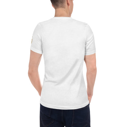 Unisex V-Ausschnitt T-Shirt von Sportswear Iron Monkey 23 in Weiß, aus 100 % gekämmter Baumwolle, Rückenansicht.